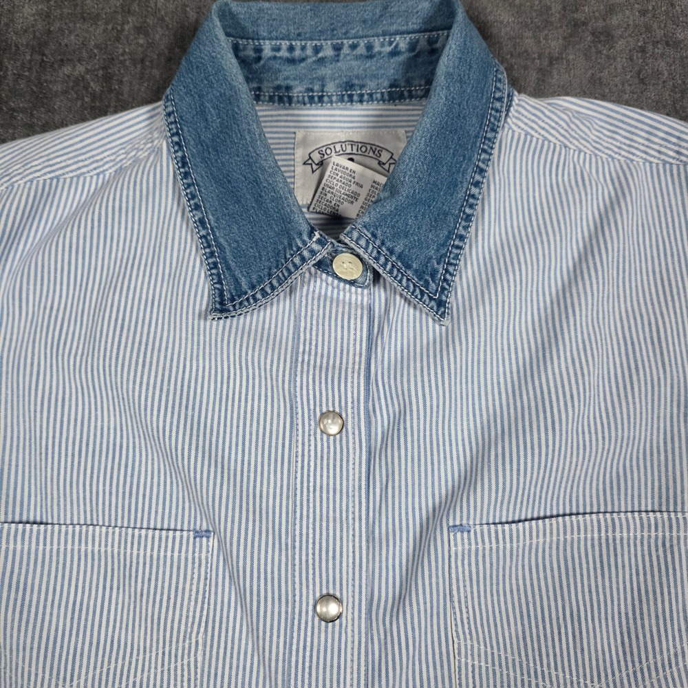 Vtg Solutions Pearl Snap Shirt Womens Medium Blue Striped Denim Collar Rodeo M